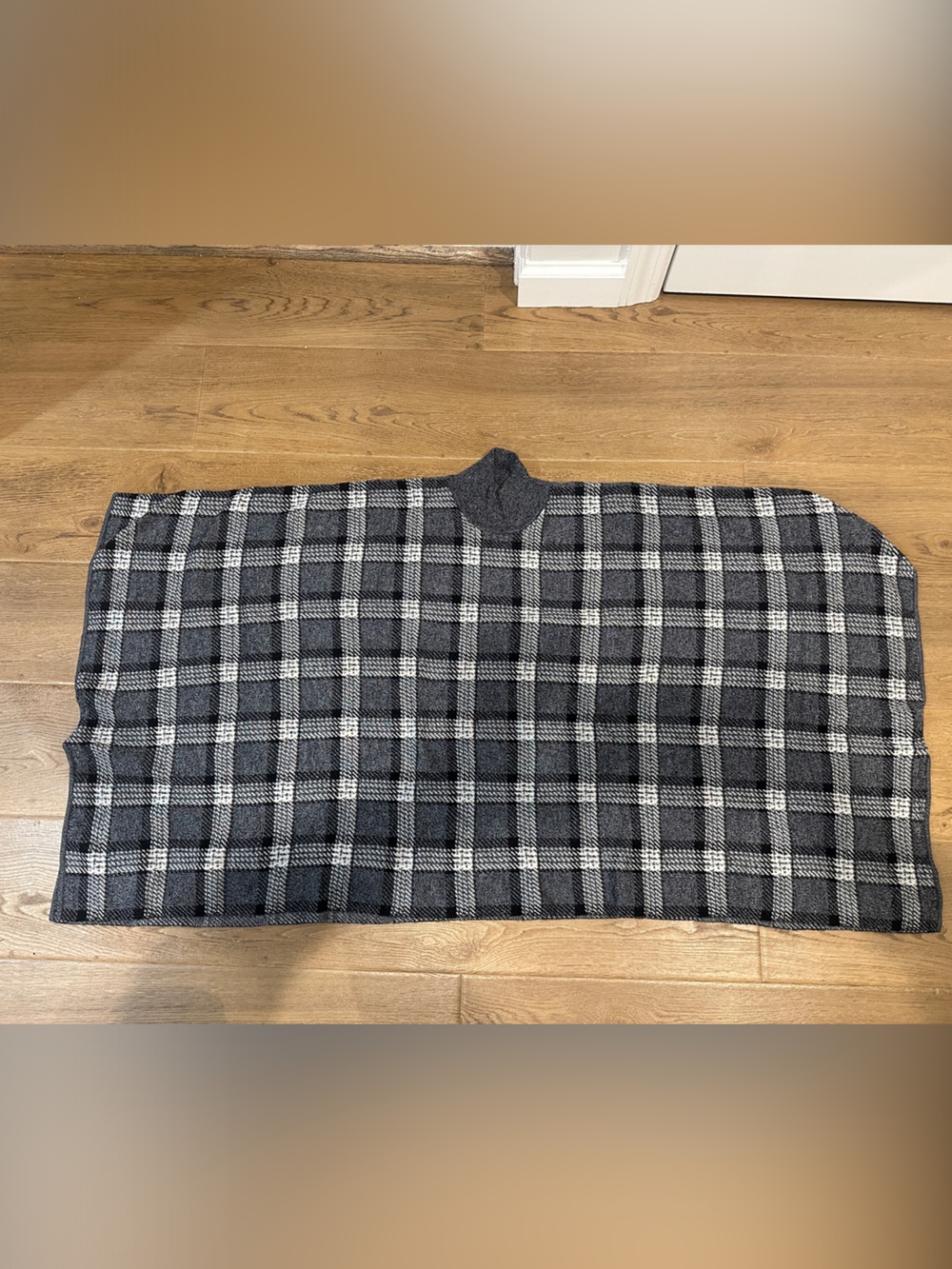 Theory Black and Gray Plaid Wool Poncho Sweater